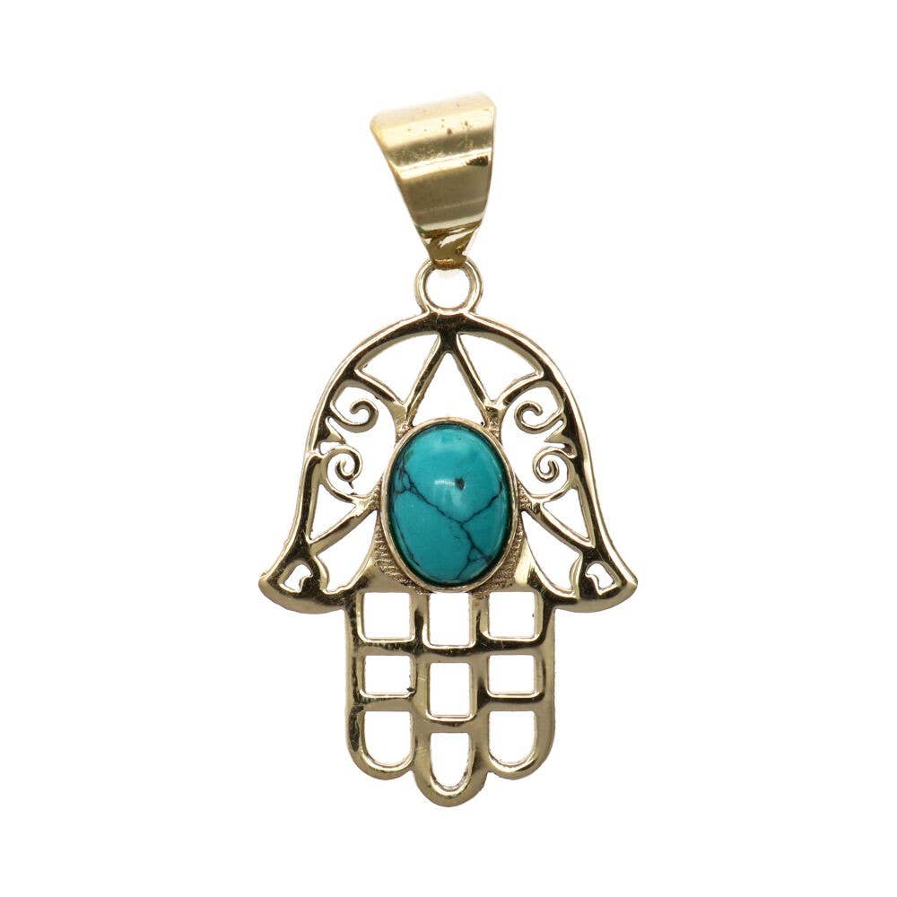 Hand of Fatima bronze pendant with mineral