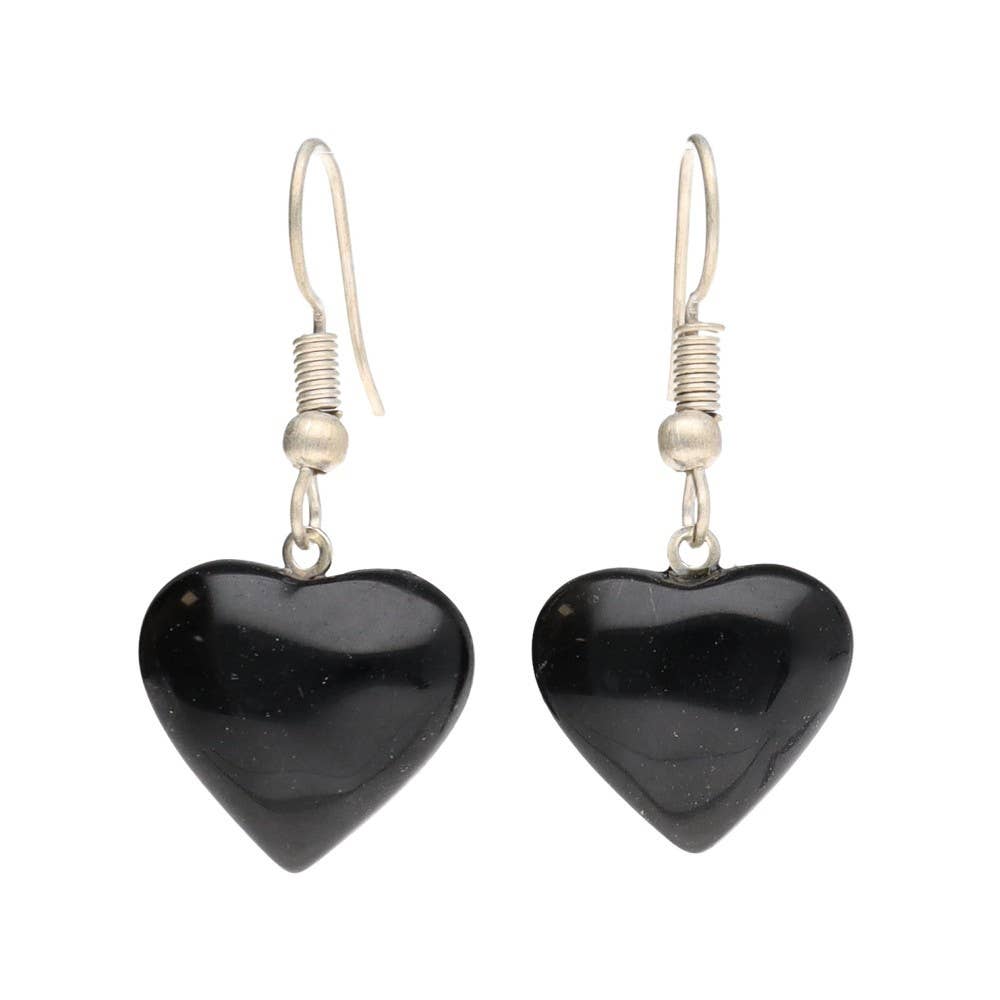 Obsidian Heart Earrings in Silver Plating